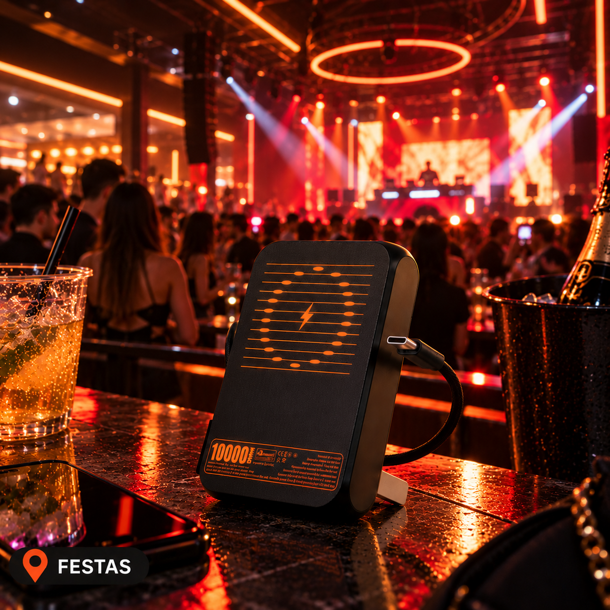 Carregador portátil magnético sobre a mesa em uma festa com luzes acesas