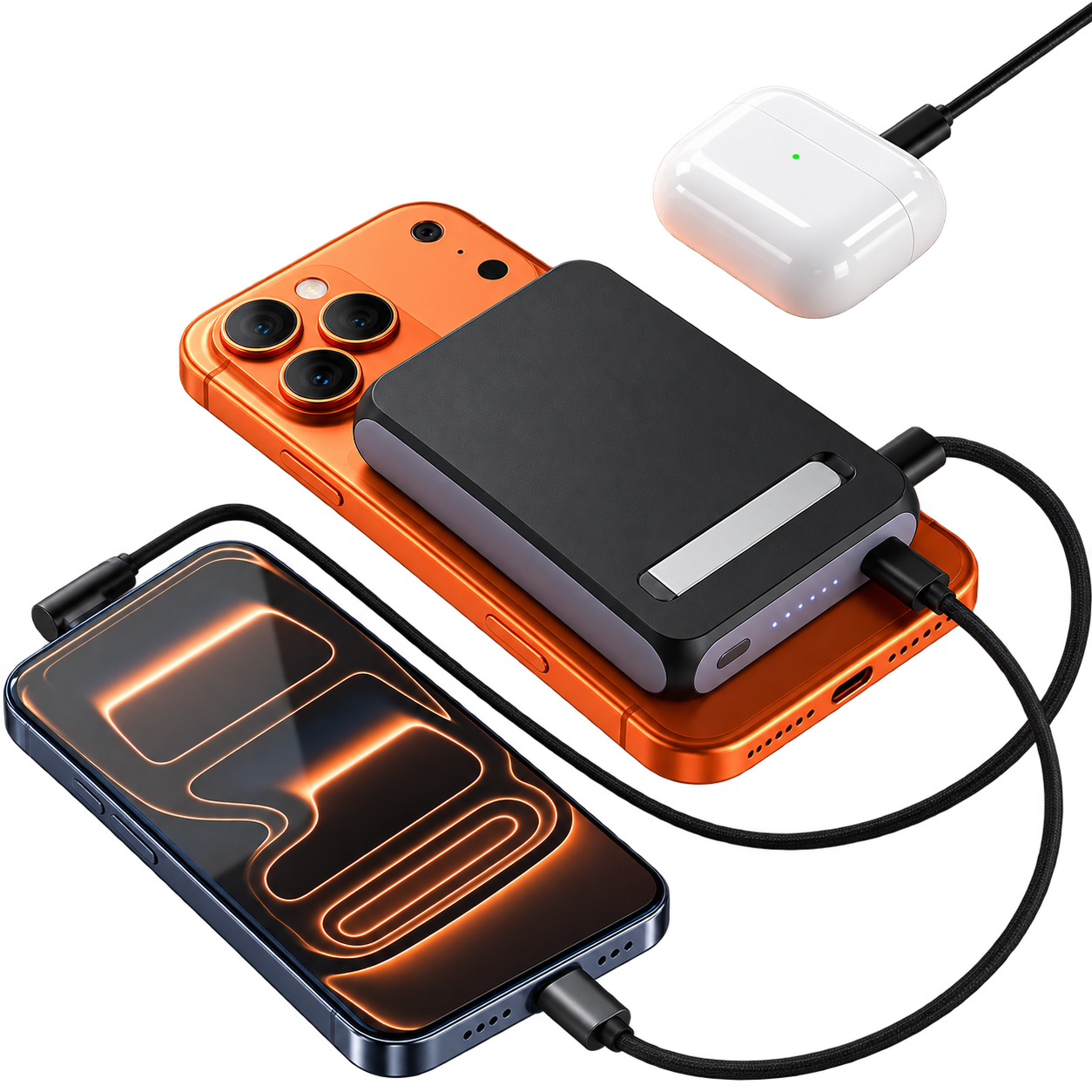 Carregador portátil magnético carregando um celular pelo ímã, um fone de ouvido e outro celular por cabo, todos ao mesmo tempo