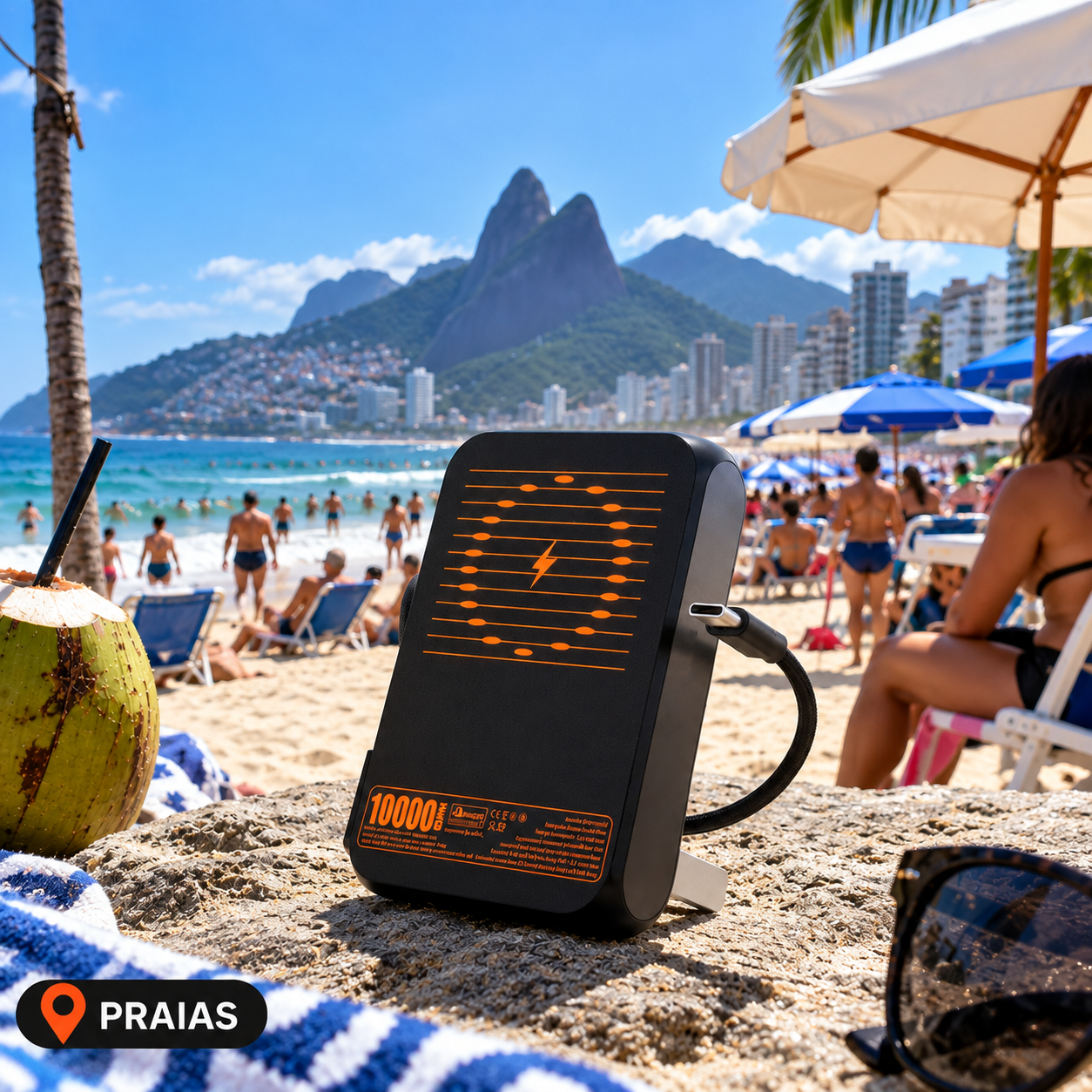 Carregador portátil magnético na areia em um dia de praia